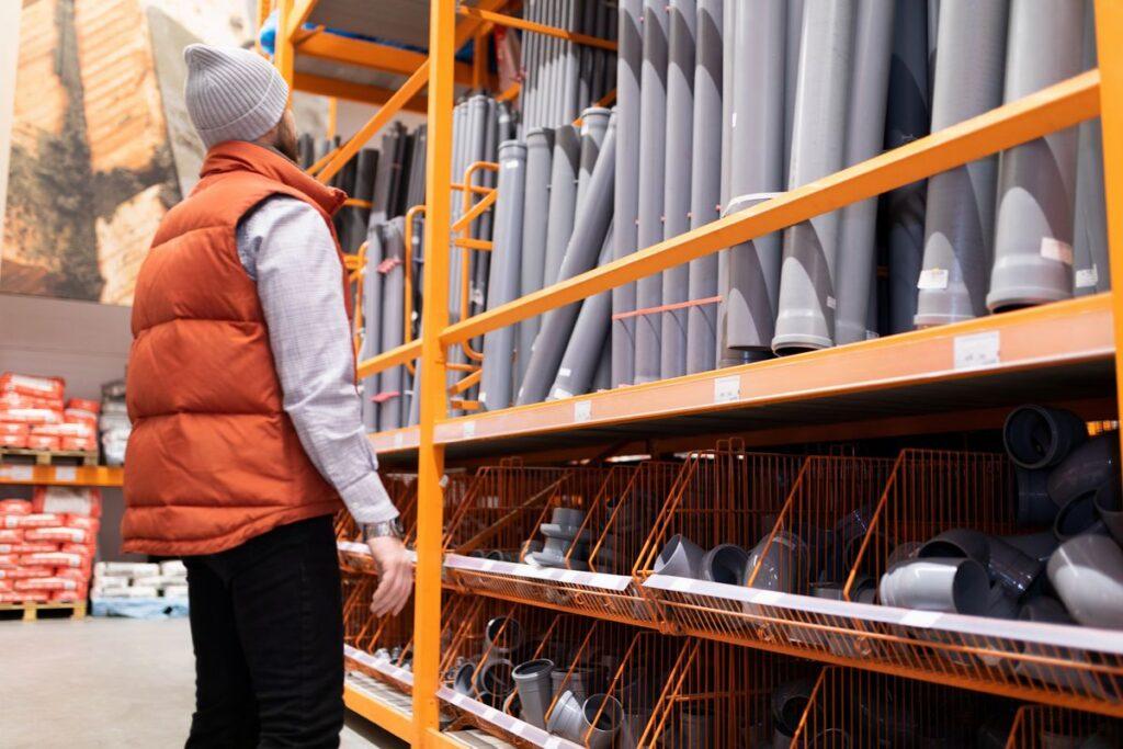 personne choisissant des tuyaux PVC dans un rayon de magasin de bricolage